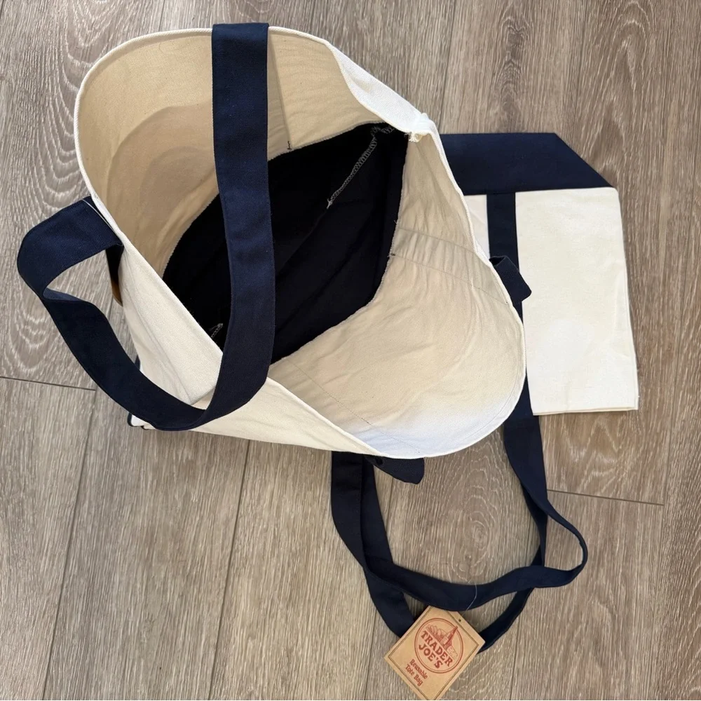 Trader Joe's Natural Canvas Tote with Navy Trim - Picture 3 of 4